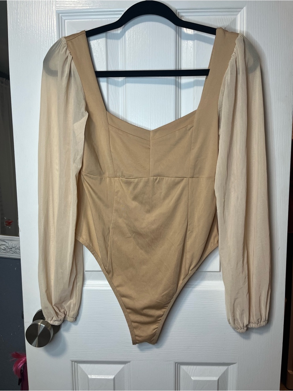Neutral Beige Stretch Bodysuit with Sheer Sleeves